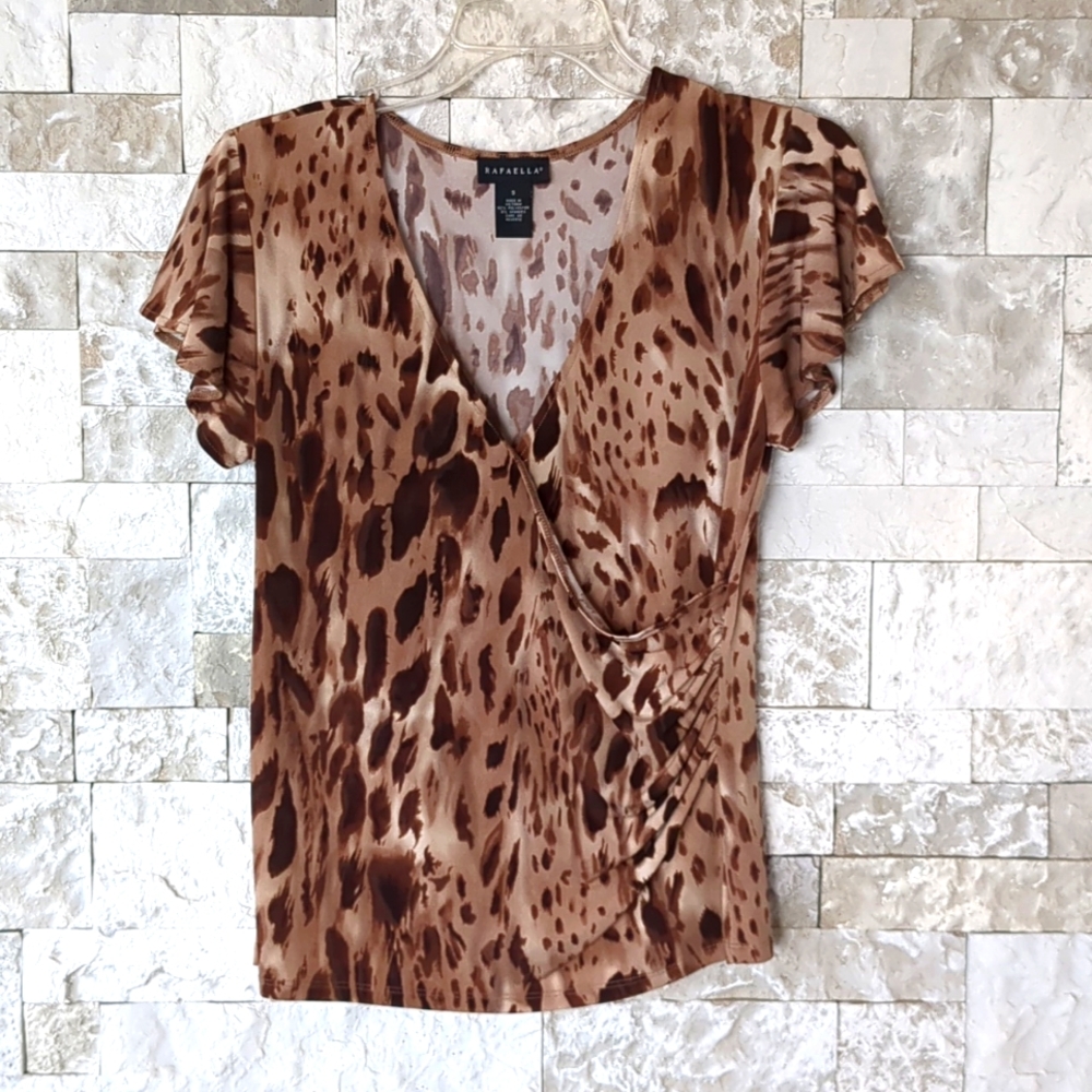 Rafaella VTG 90s Animal Print Top Brown Stretchy Wrap Ruched Side Pullover EUC